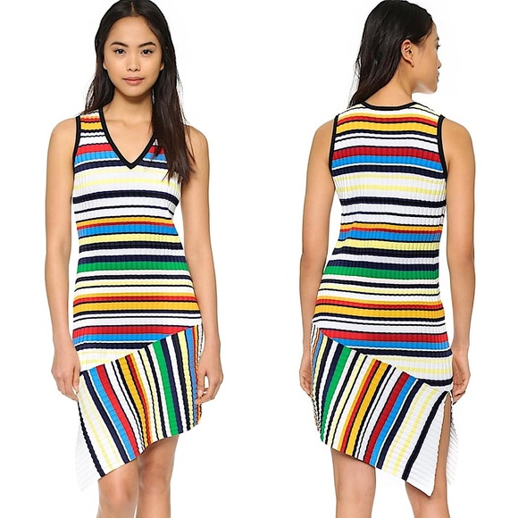 Milly Dresses & Skirts - Milly Directional Pop Stripe Bodycon Mini Dress Sleeveless Knit Asymmetrical M